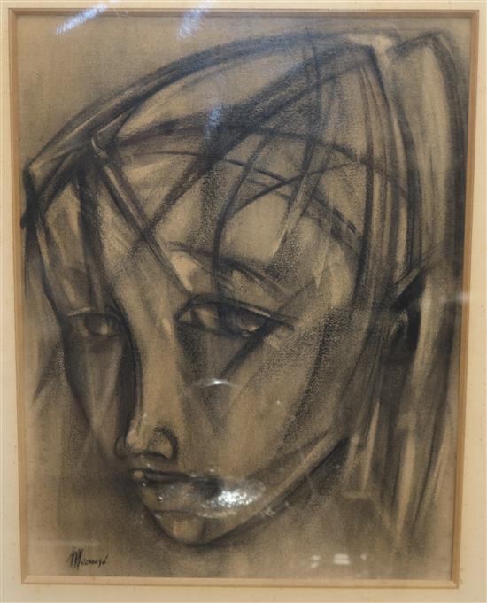 A charcoal sketch of a head of girl, indistinctly signed 42 x 32cm